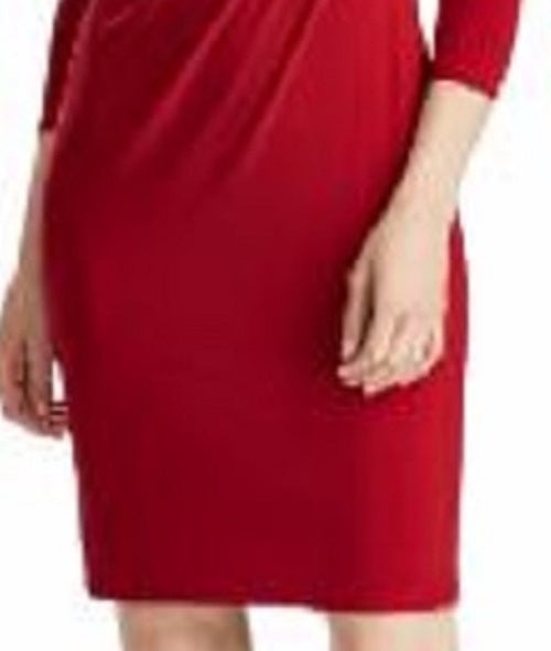 Ralph Lauren Women's Long Sleeve V Neck Above The Knee Sheath Cocktail Dress Red Size 6 Petite