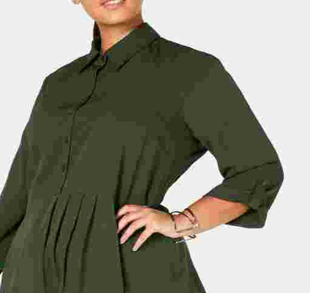 Love Squared Women's Green 3/4 Sleeve Tie Neck Above The Knee Shirt Dress Wear To Work Dress Green Size 3X