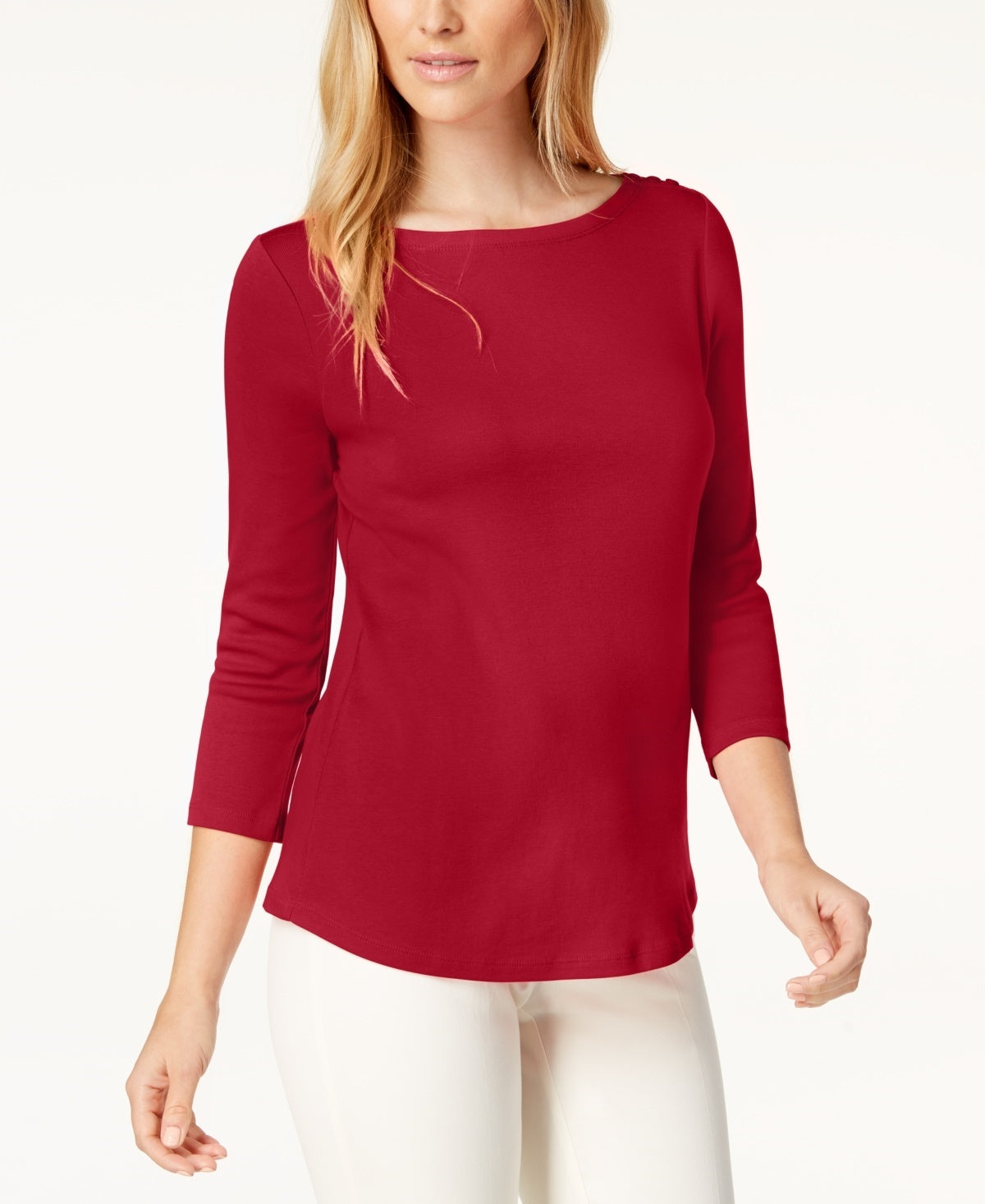 Charter Club Women's Pima Cotton Boat-Neck Button-Shoulder Top Red Size Small