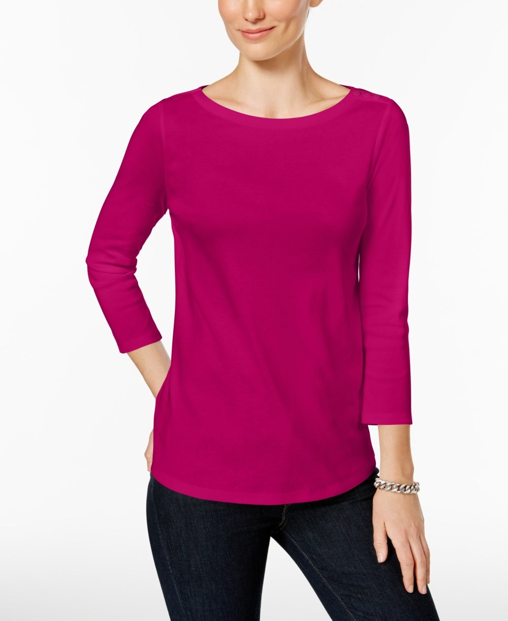 Charter Club Women's Pima Cotton Button Shoulder Top Pink Petite Small