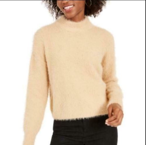 Sun + Moon Women's Fuzzy Mockneck Sweater Beige Size X-Small