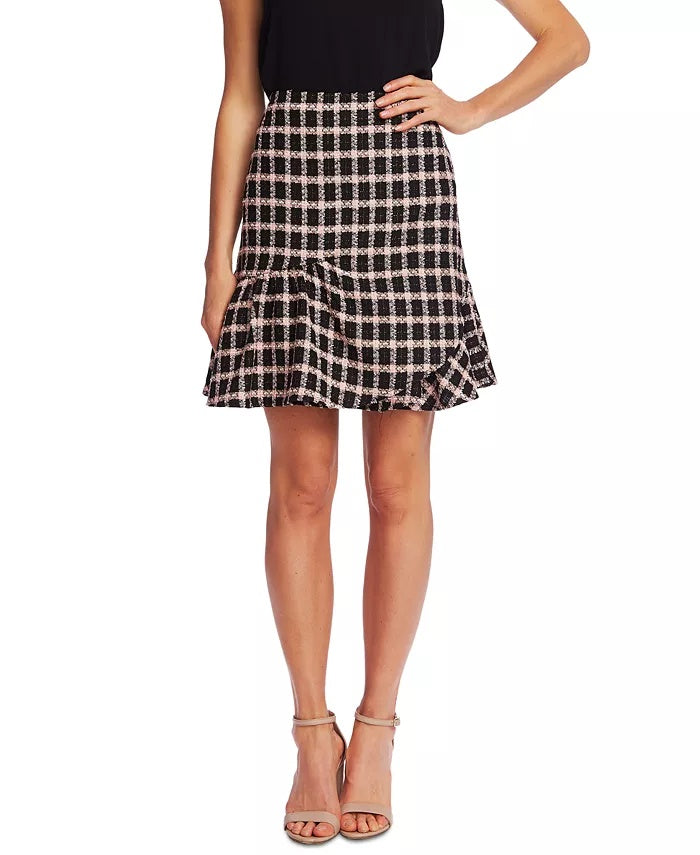 CeCe Women's Grid Tweed Asmymmetrical Ruffle Skirt  Black Gray Size 14