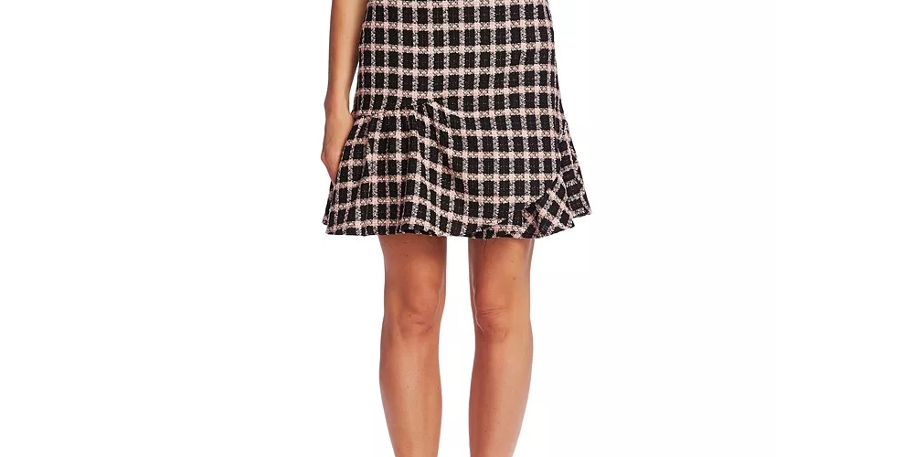 CeCe Women's Grid Tweed Asmymmetrical Ruffle Skirt  Black Gray Size 14