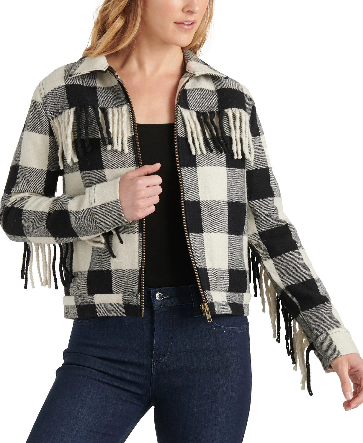 Lucky Brand Women's Buffalo-Plaid Fringe Jacket Black Size Large