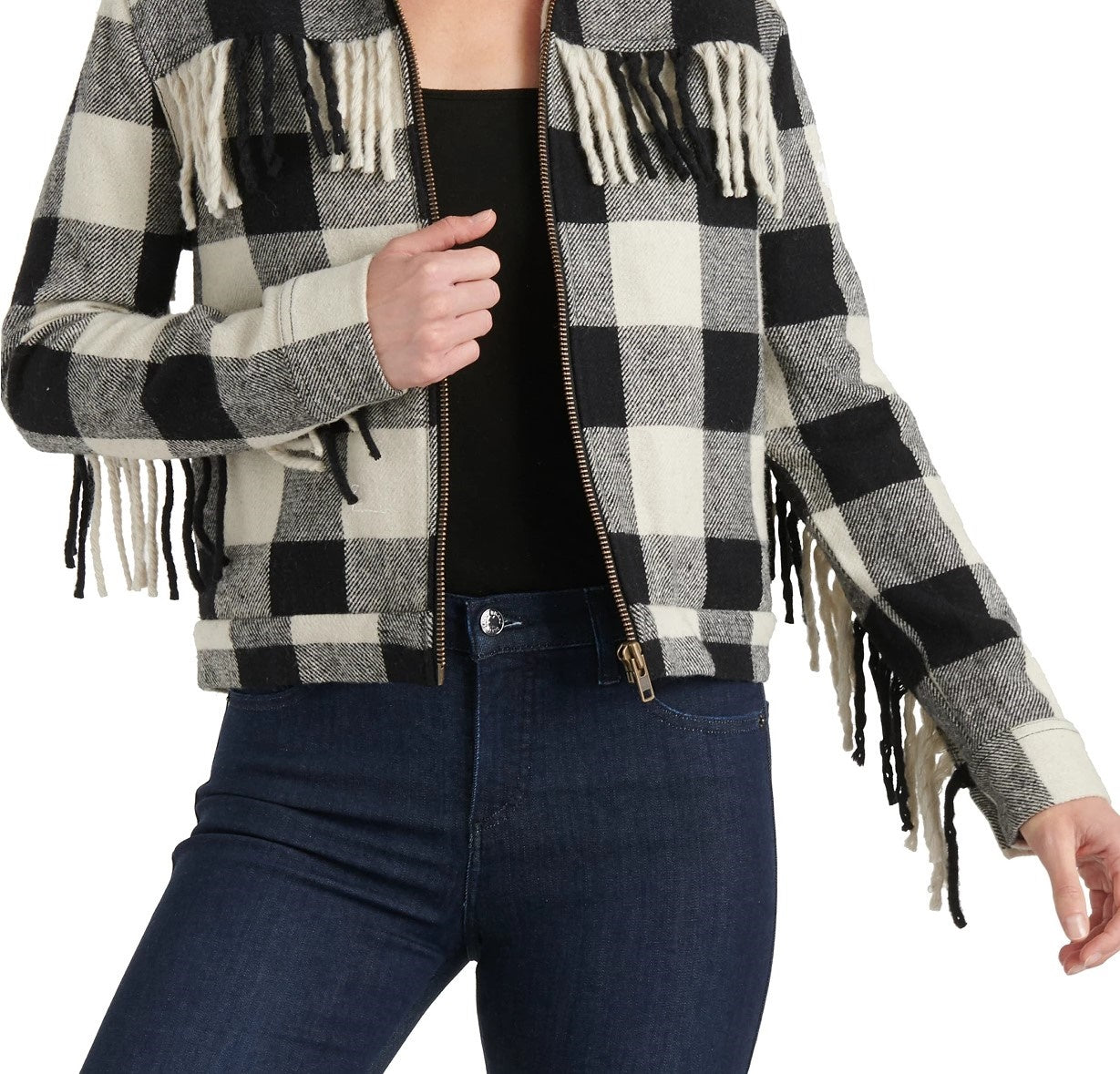 Lucky Brand Women's Buffalo-Plaid Fringe Jacket Black Size Large