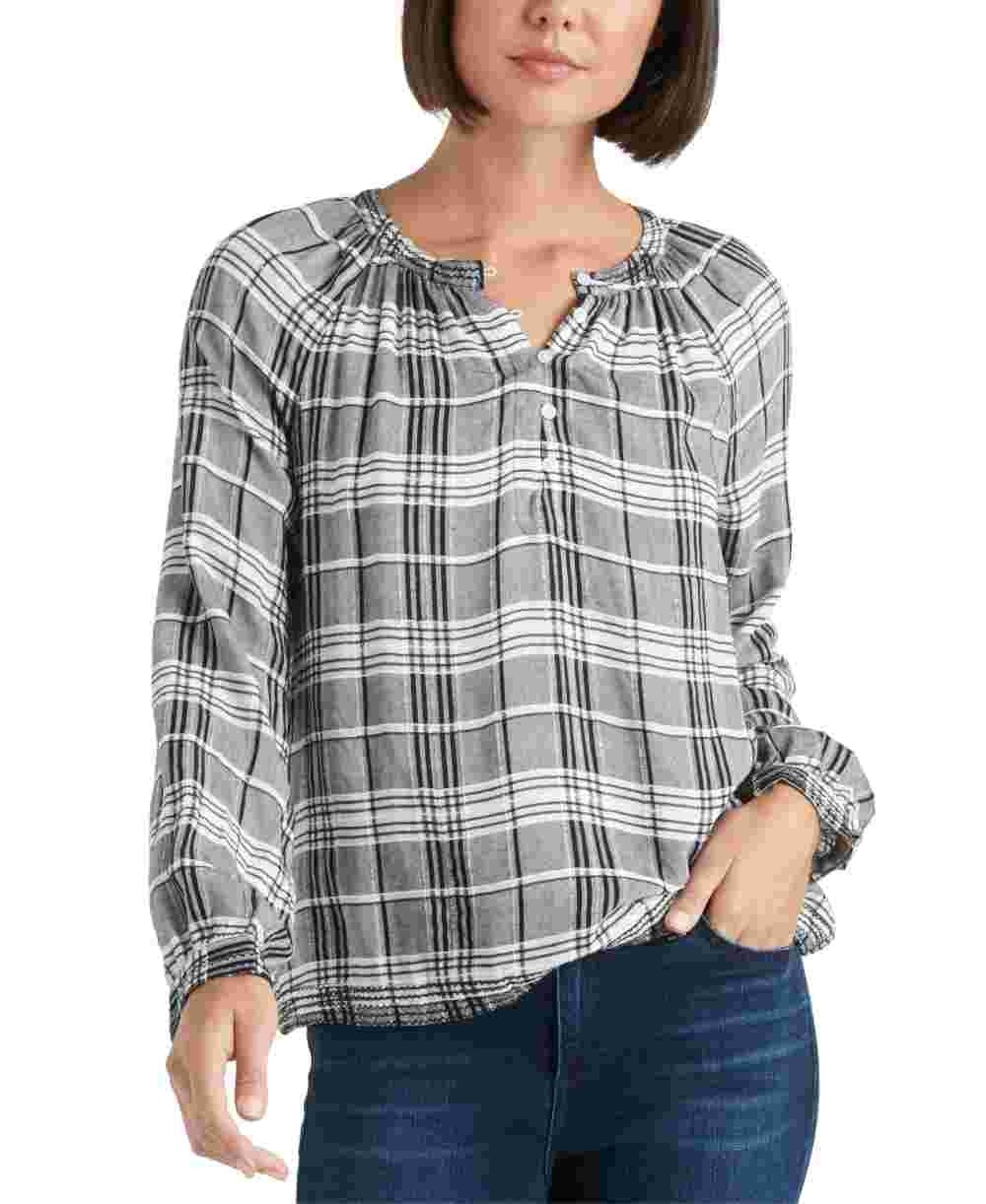 Lucky Brand Women's Jessica Plaid Embroidered Blouse Gray Size Large