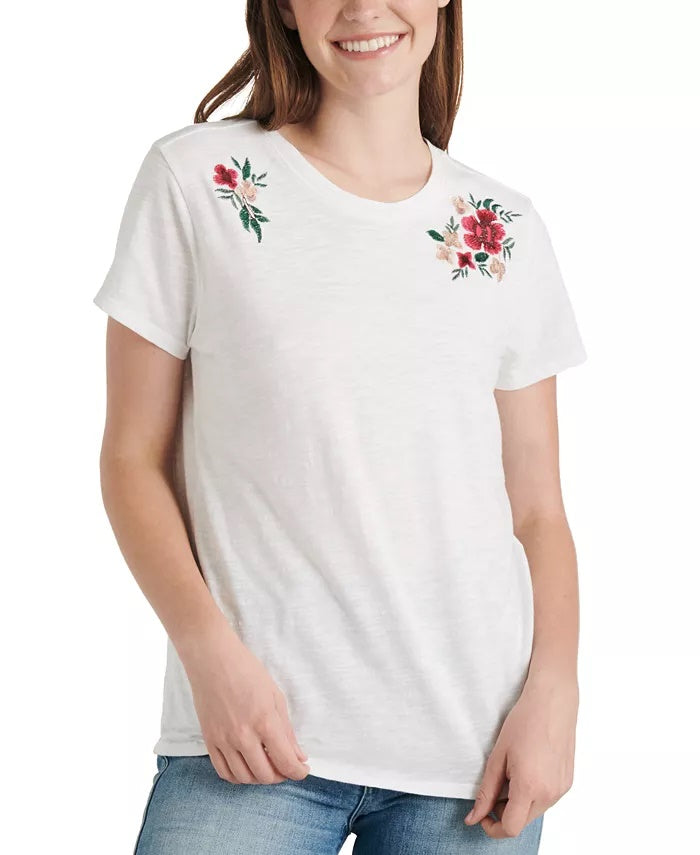 Lucky Brand Women's Embroidered Cotton T-Shirt White Size Small