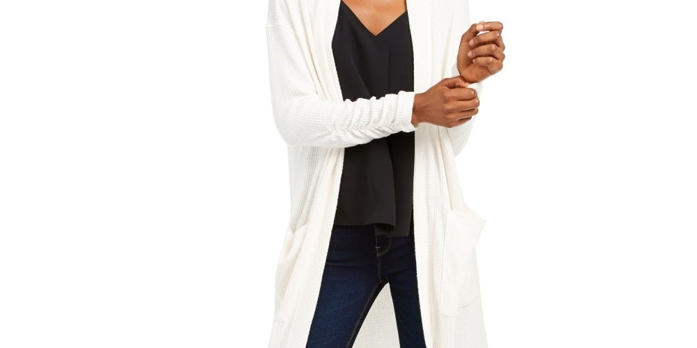 1.STATE Women's Waffle Knit Maxi Cardigan Sweater White