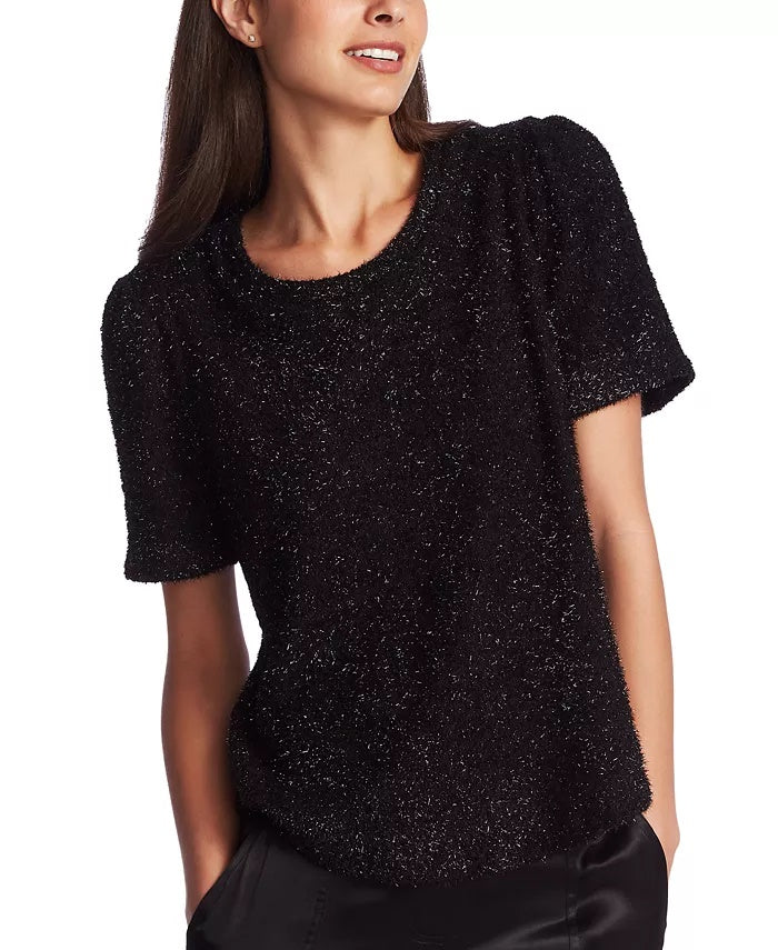 1.STATE Women's Eyelash Fringe Short Sleeve Top Gray Size Small