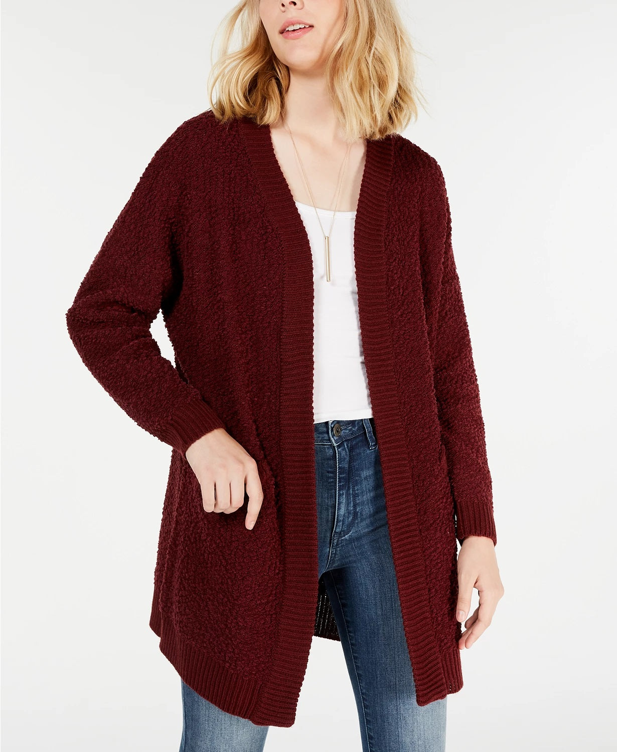 Say What? Junior's Open Front Textured Cardigan Red Size Large