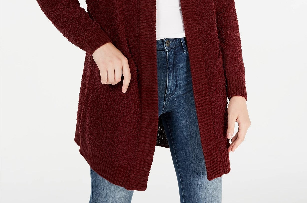 Say What? Junior's Open Front Textured Cardigan Red Size Large