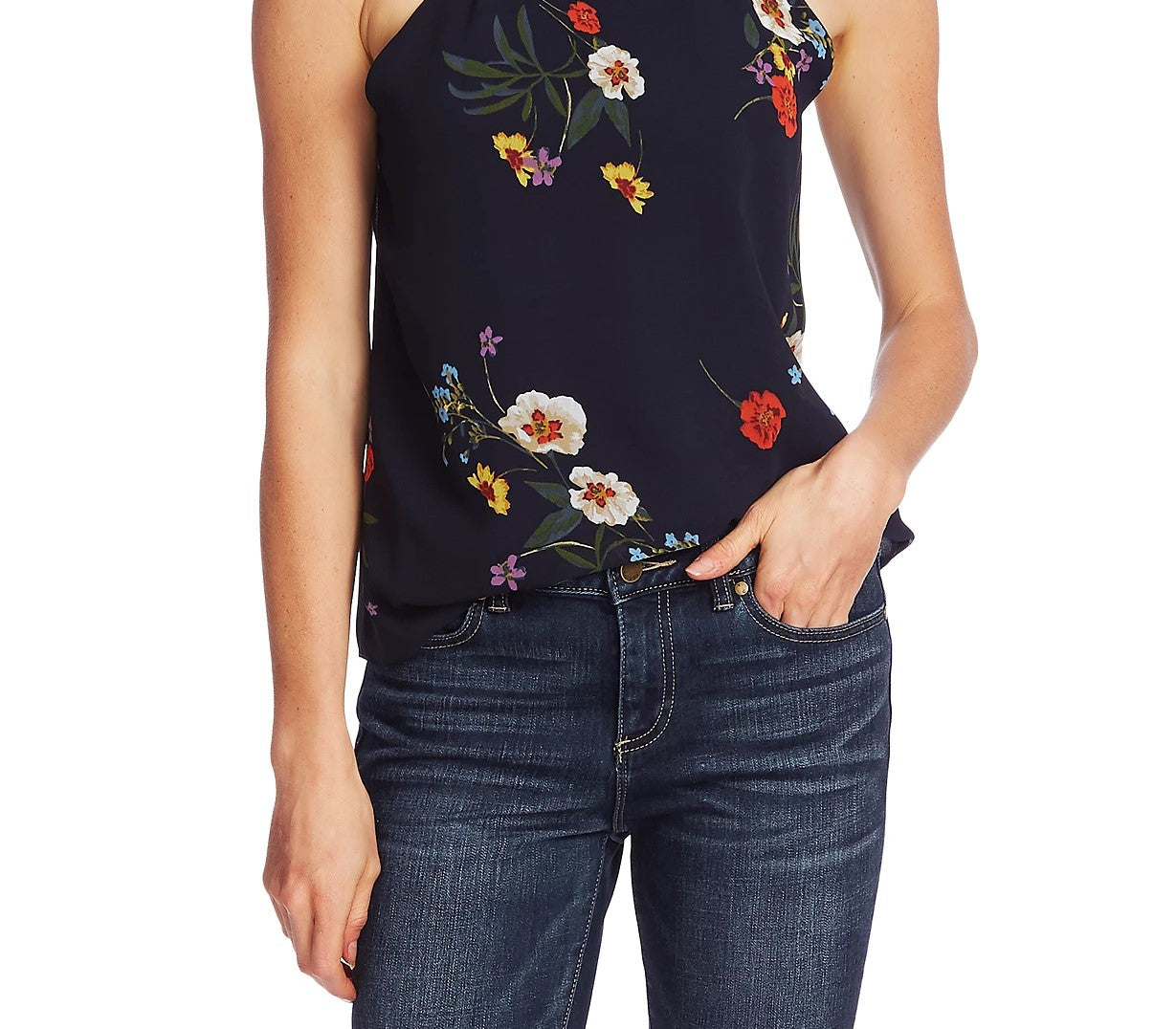 Vince Camuto Women's Floral-Print Mock-Neck Top Navy Size X-Large