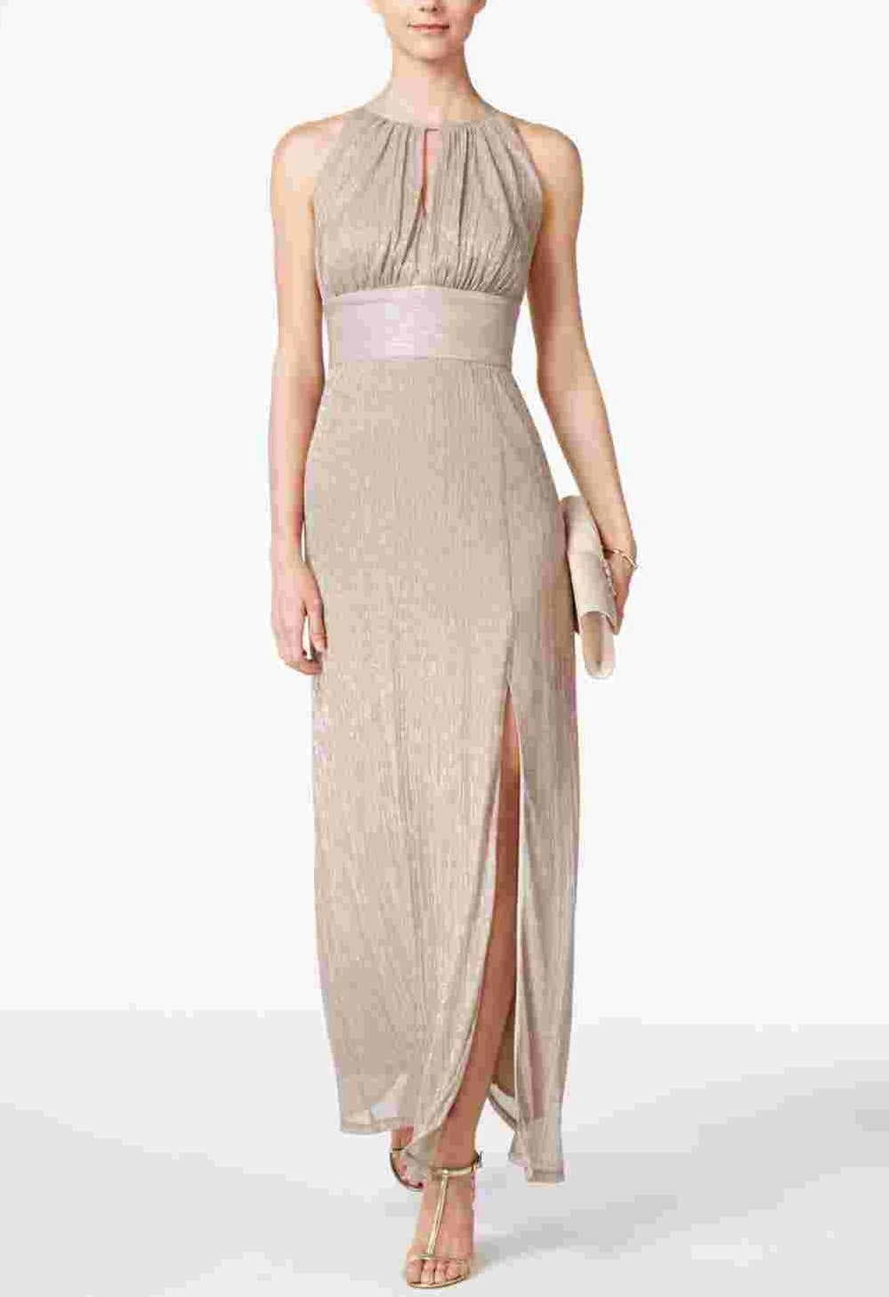 R & M Richards Women's Metallic Knit Keyhole Halter Gown Gold Size 6