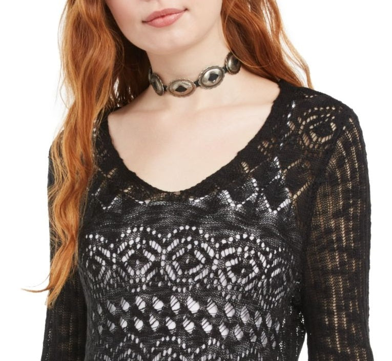 American Rag Juniors'' Pointelle-Knit Flared-Sleeve Sweater Black Size Medium