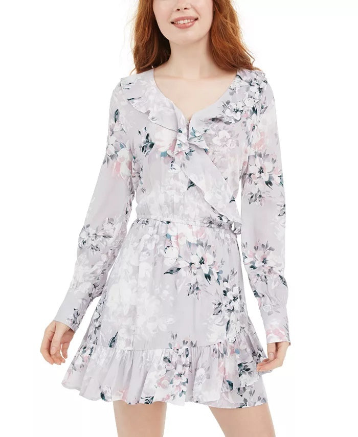 American Rag Juniors' Printed Ruffle-Trimmed Wrap Dress Gray Size Medium