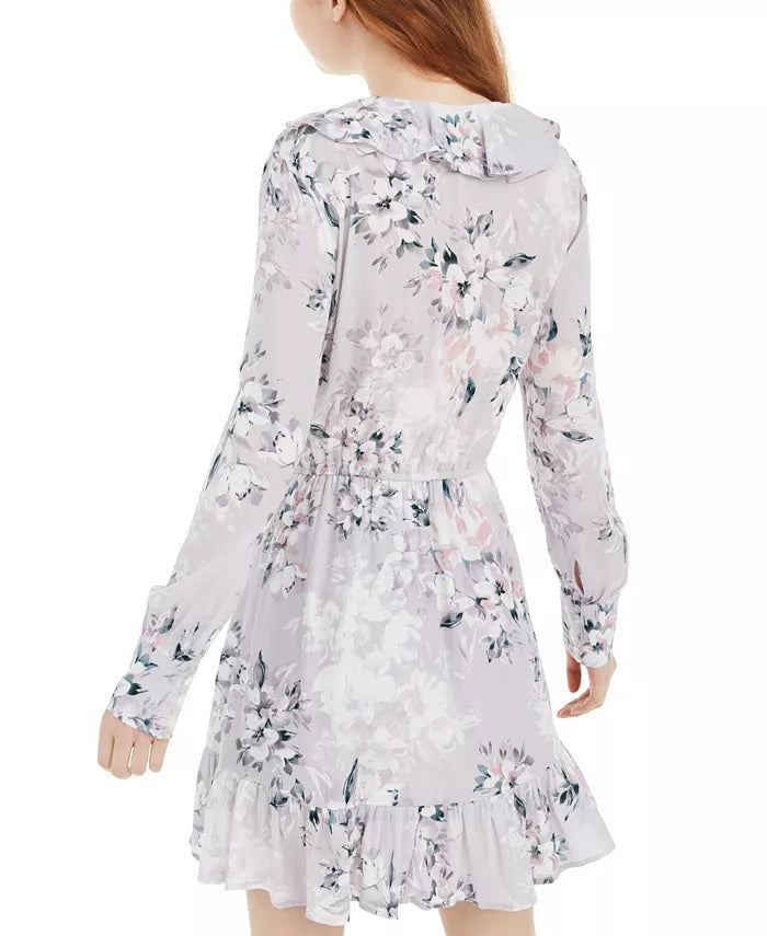 American Rag Juniors' Printed Ruffle-Trimmed Wrap Dress Gray Size Medium