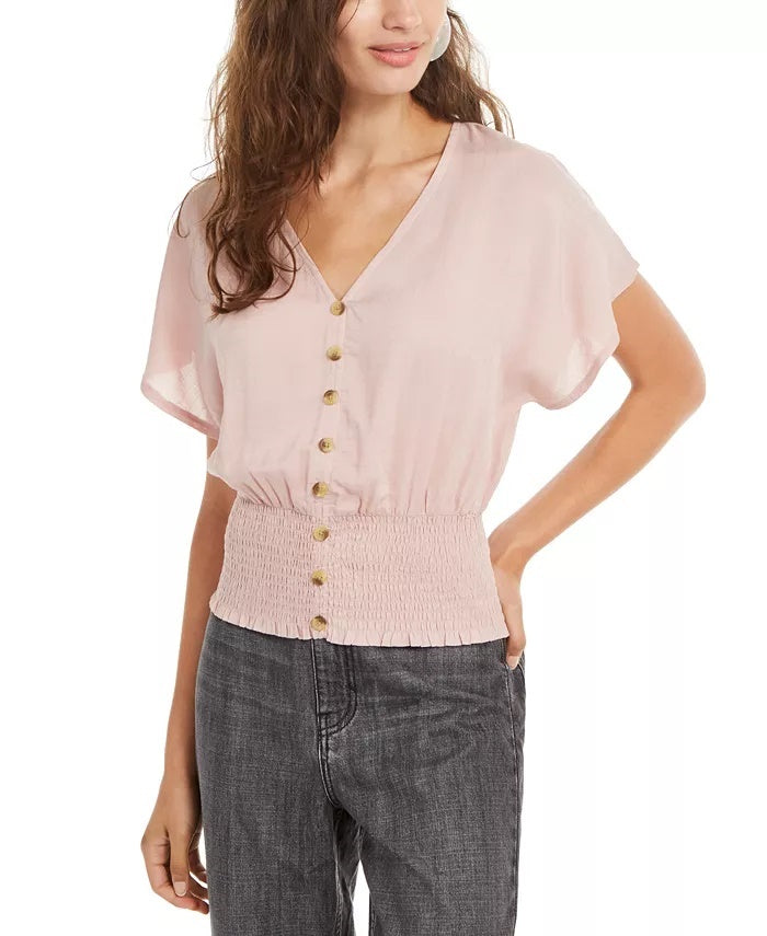 Planet Gold Juniors' Button-Up Smocked Top Pink Size Large