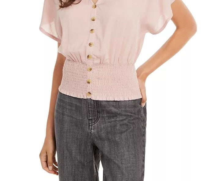 Planet Gold Juniors' Button-Up Smocked Top Pink Size Large