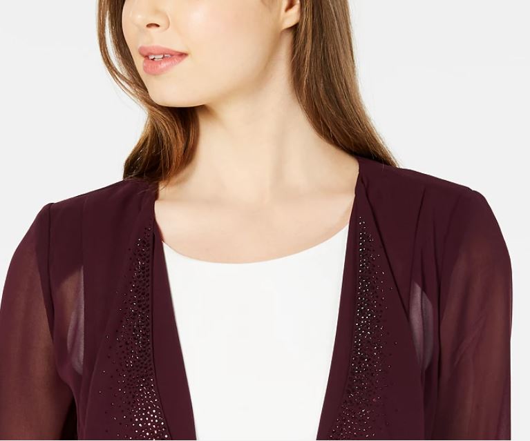 Calvin Klein Women's Illusion Sleeve Rhinestone Accented Shrug Purple Size Large