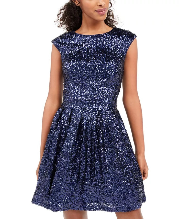 Emerald Sundae Junior's Sequined Fit & Flare Dress Blue Size Medium