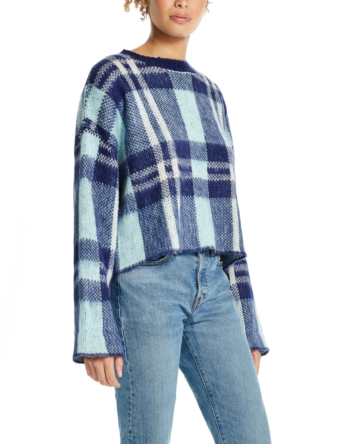 Weatherproof Vintage Women's Plaid Bell-Sleeve Sweater Blue Size X-Small