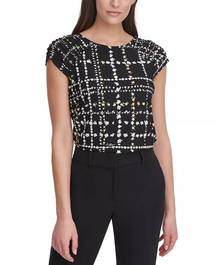 Tommy Hilfiger Women's Floral-Plaid-Print Top Black Size Medium