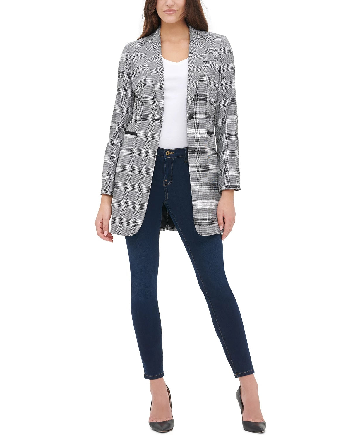 Tommy Hilfiger Women's Plaid One-Button Elbow-Patch Blazer Gray Size 8
