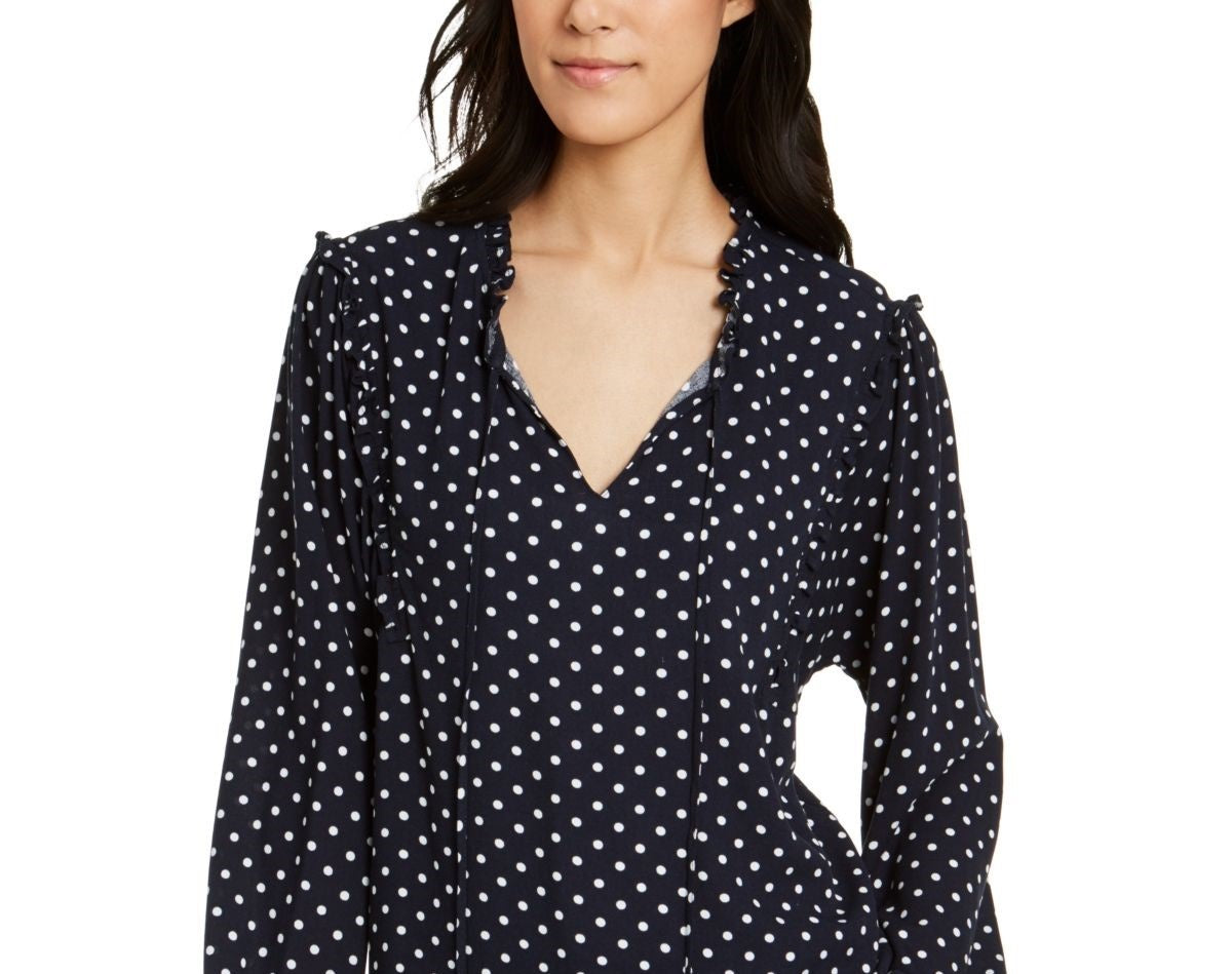 Tommy Hilfiger Women's Printed Ruffled-Neck Blouse Blue Size XX-Large