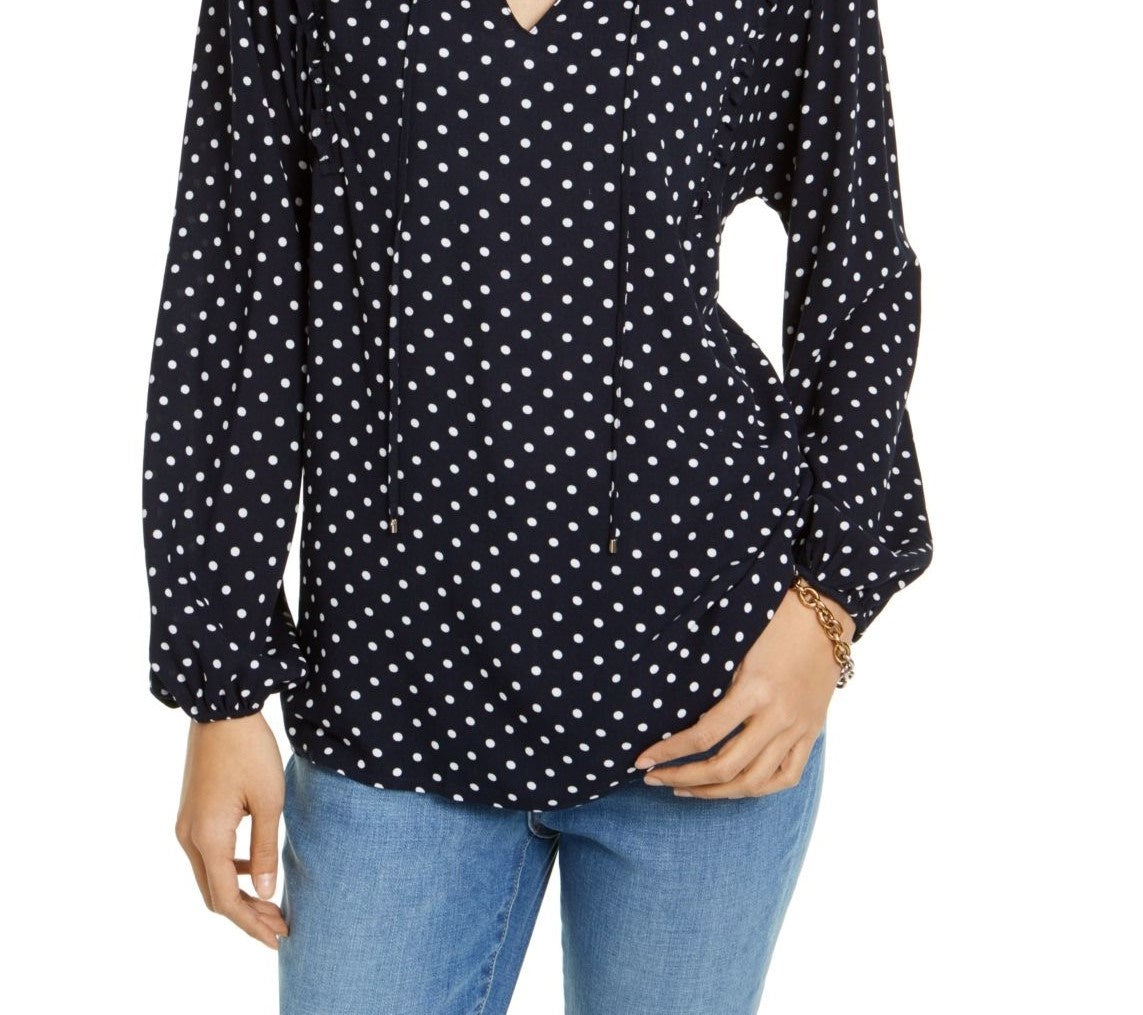 Tommy Hilfiger Women's Printed Ruffled-Neck Blouse Blue Size XX-Large