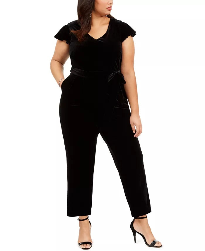 Jessica Howard Women's Plus Size Velvet Belted Jumpsuit Black Size Small Petite