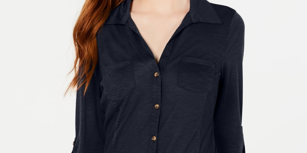 Crave Fame Junior's Roll Sleeve Button Front Shirt Navy Size X-Small