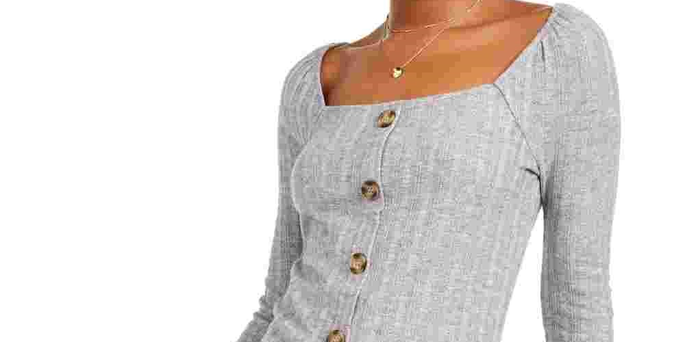 Almost Famous Juniors' Button-Front Pointelle Top Gray Size X-Large