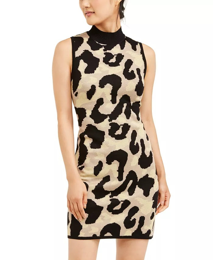 Planet Gold Juniors' Glitter Leopard-Print Sweater Dress Yellow Size X-Small