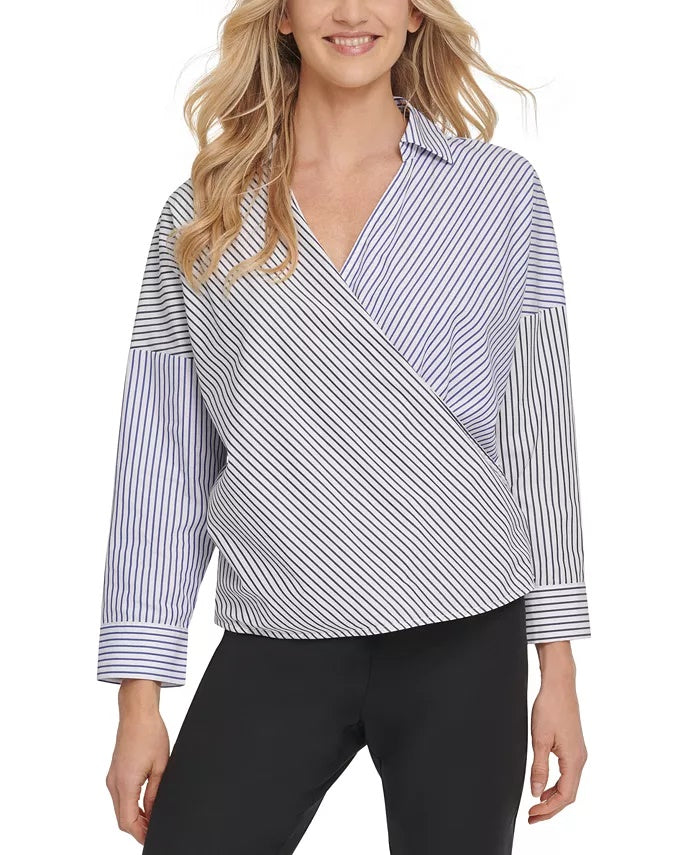 DKNY Women's Cotton Striped Wrap Top White Size Large