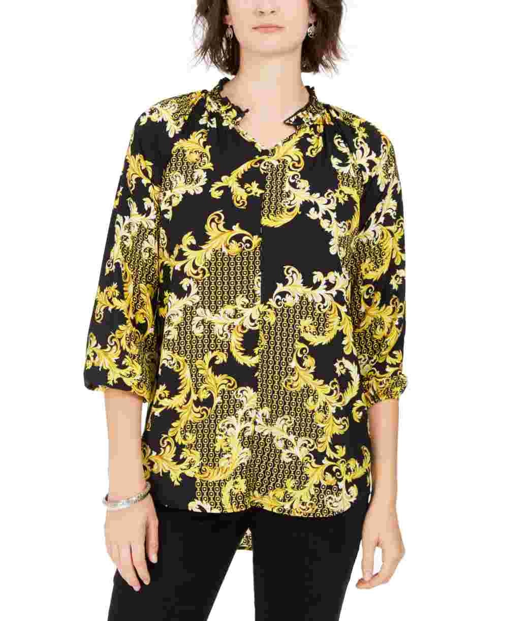 NY Collection Women's Petite Printed High-Low Top Gold Size Petite Small