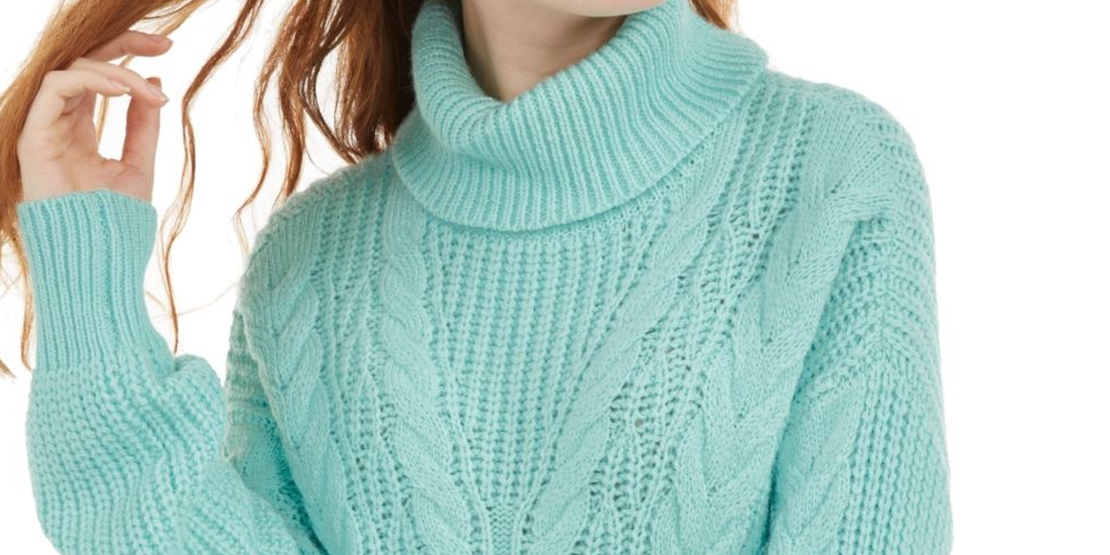 Crave Fame Junior's Turtleneck Cable Knit Sweater Green Size Small