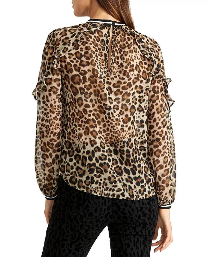 Rachel Roy Women's Sheer Leopard Print Top Beige Size 8
