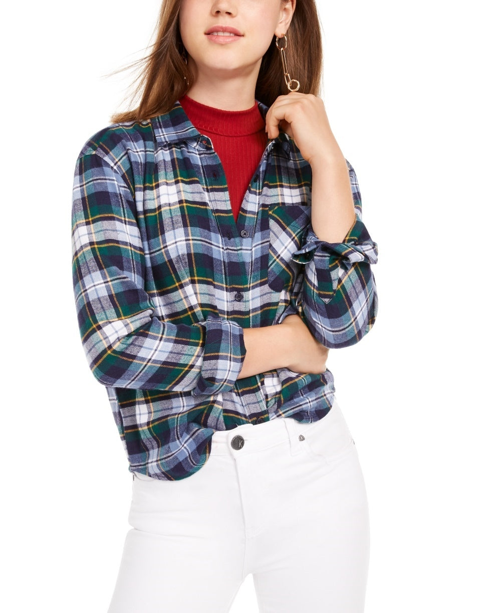 Ultra Flirt Juniors' Plaid Flannel Shirt Blue Size Medium