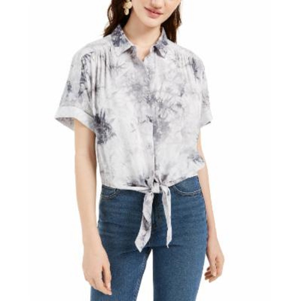 Ultra Flirt Juniors' Tie-Dye Tie-Hem Shirt Gray Size X-Large
