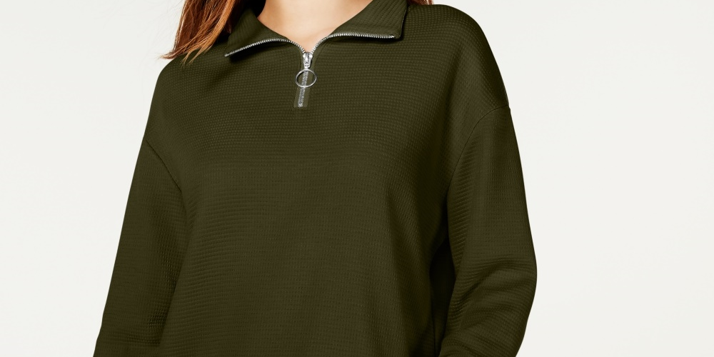 Crave Fame Juniors' Waffle-Knit Quarter-Zip Top Green Size Small