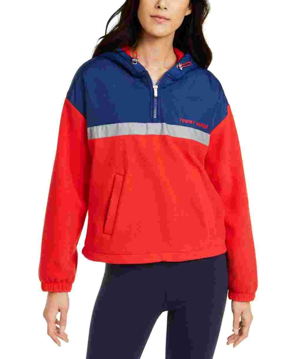 Tommy Hilfiger Sport Women's Red Pocketed Long Sleeve Zip Neck Hoodie Top Red Size X-Small