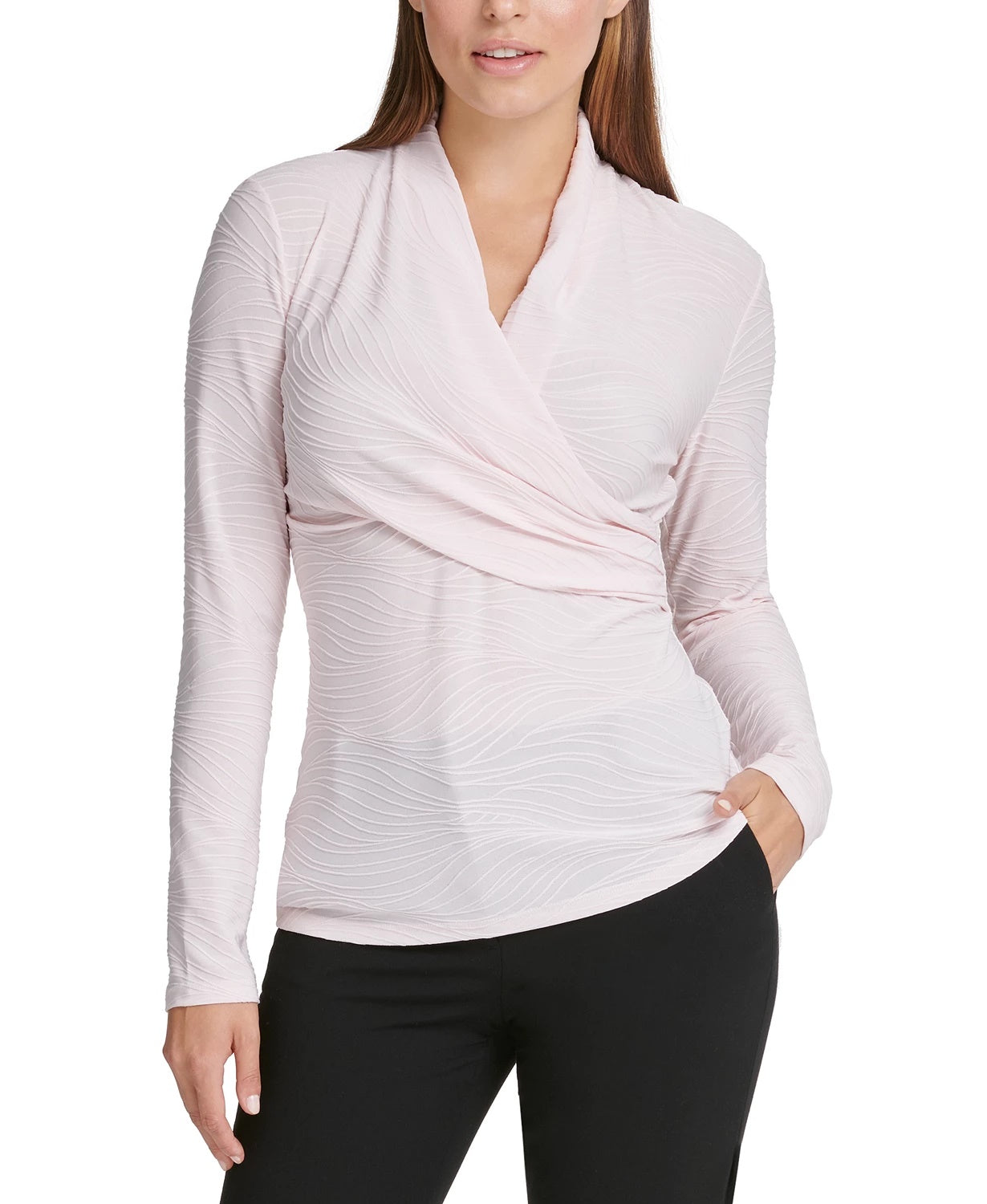DKNY Women's Textured Surplice Neck Top Pink Size X-Large