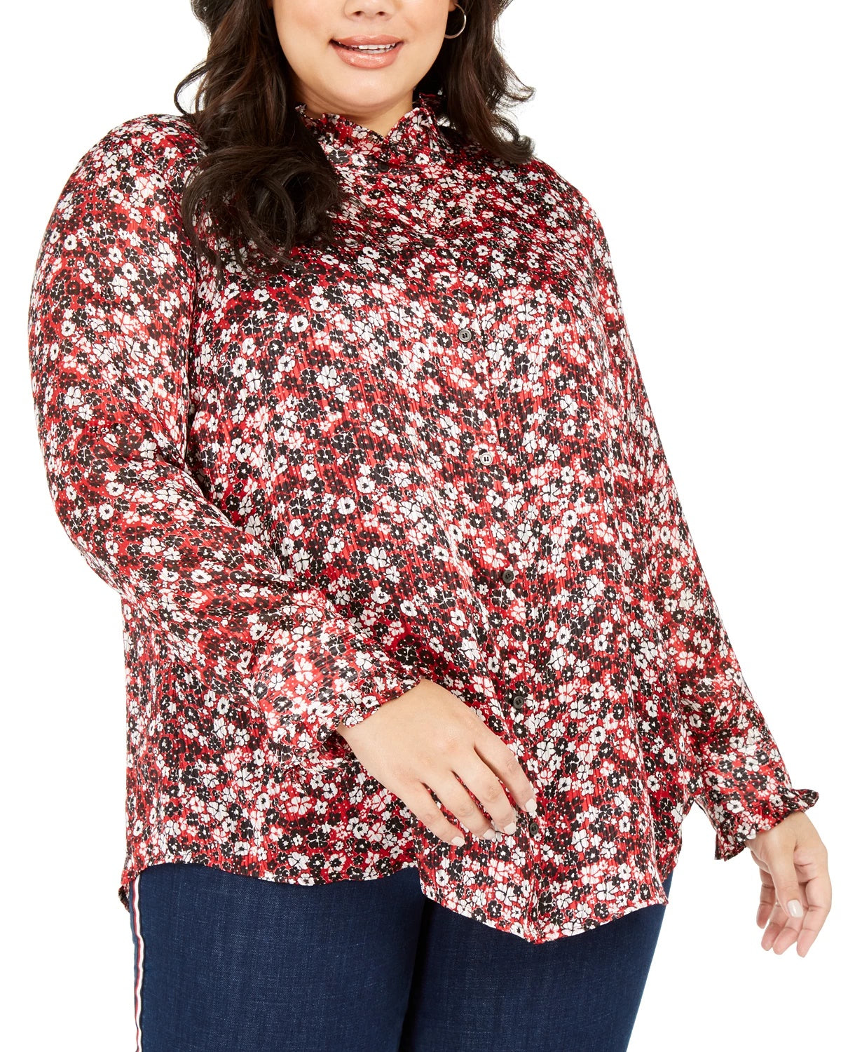 Tommy Hilfiger Women's Plus Size Printed Ruffled Button-Front Top Red Size 2X