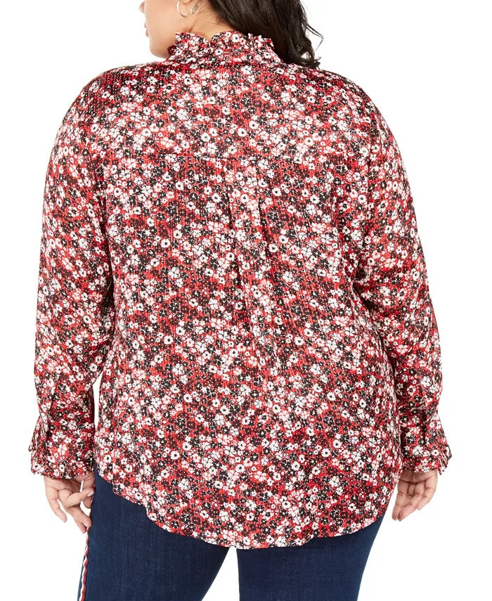 Tommy Hilfiger Women's Plus Size Printed Ruffled Button-Front Top Red Size 2X