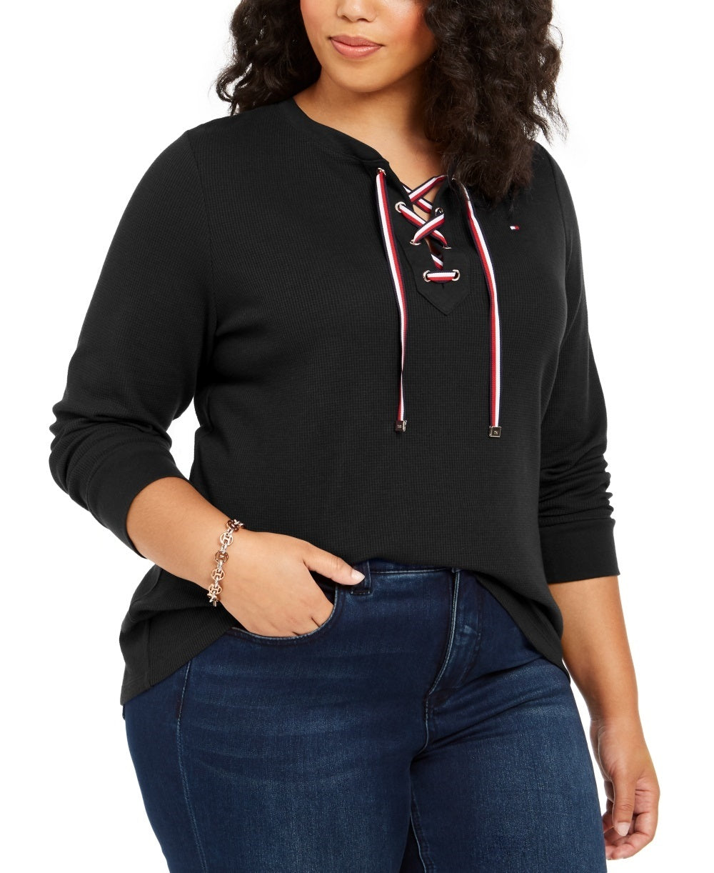 Tommy Hilfiger Women's Lace Up Waffle Knit Top Black Size 2X