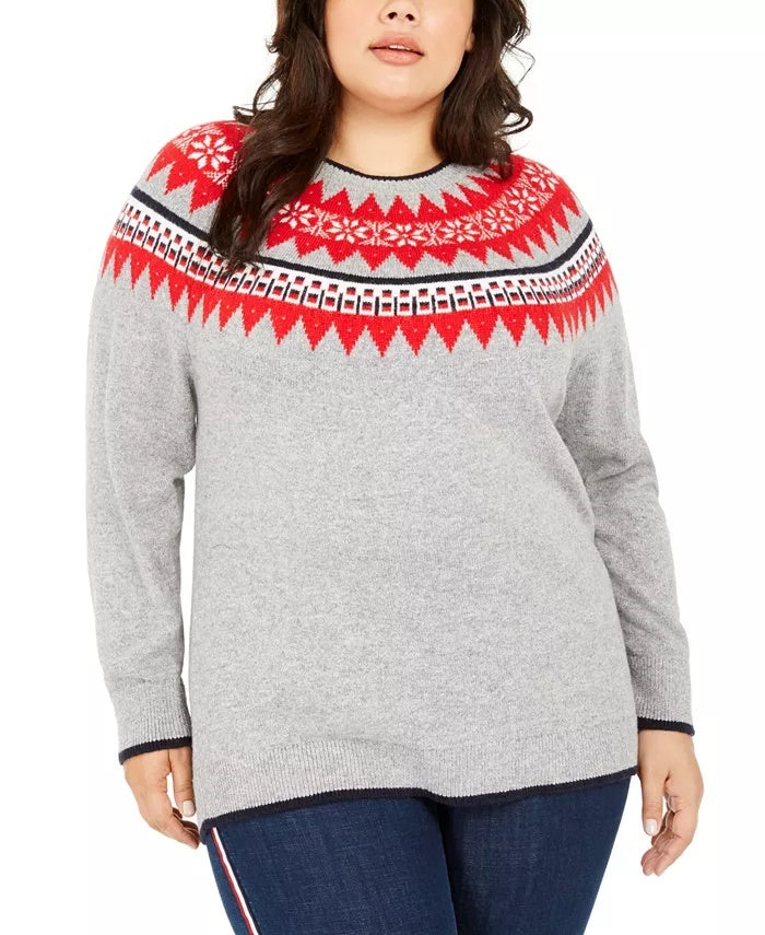 Tommy Hilfiger Women's Plus Wool Blend Ribbed Trim Pullover Sweater Gray Size 2X