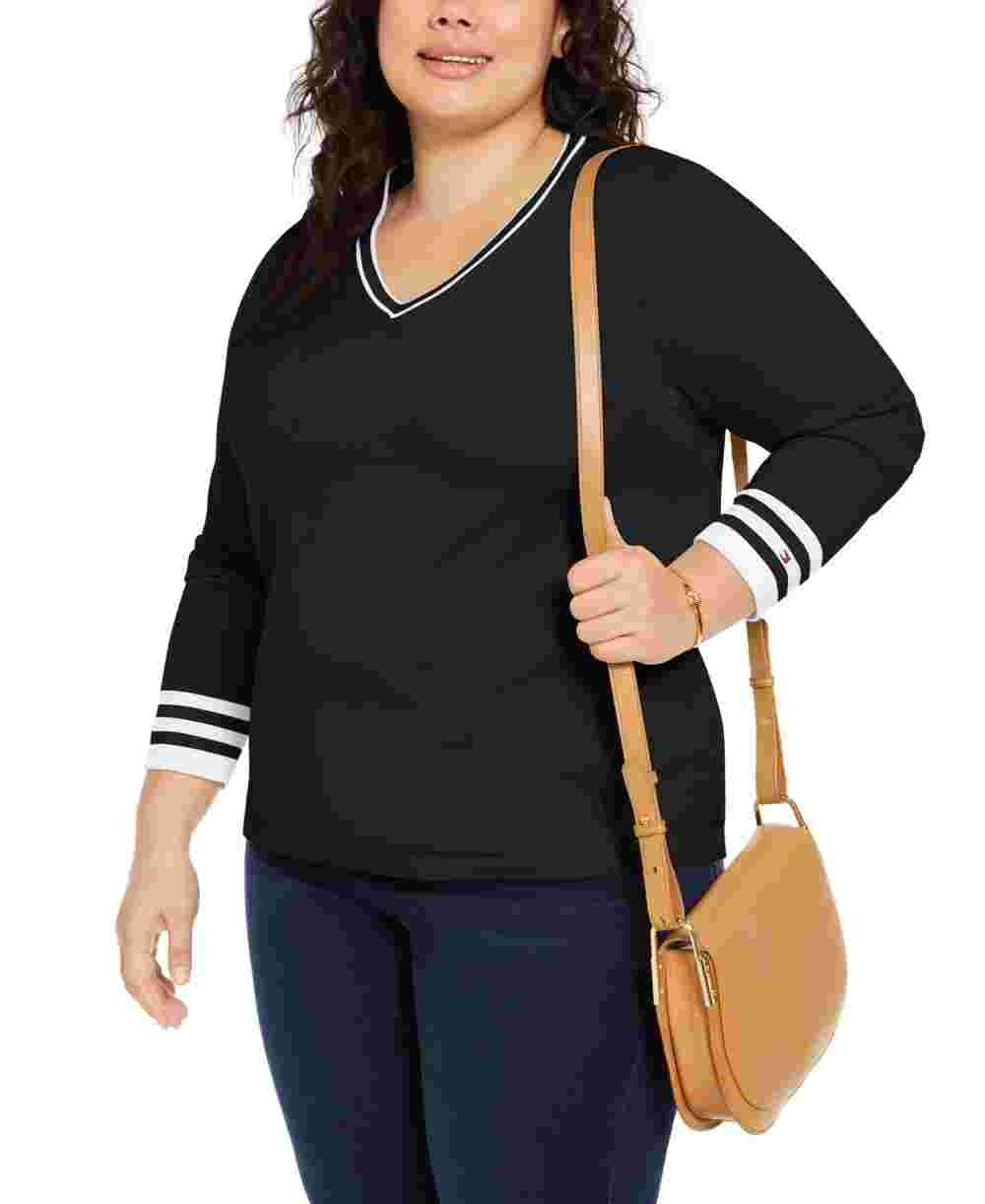 Tommy Hilfiger Women's Plus Size Cotton V-Neck Pullover Sweater Black Size 2X