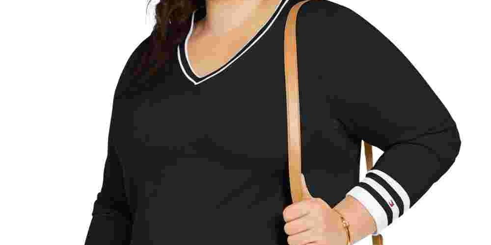Tommy Hilfiger Women's Plus Size Cotton V-Neck Pullover Sweater Black Size 2X