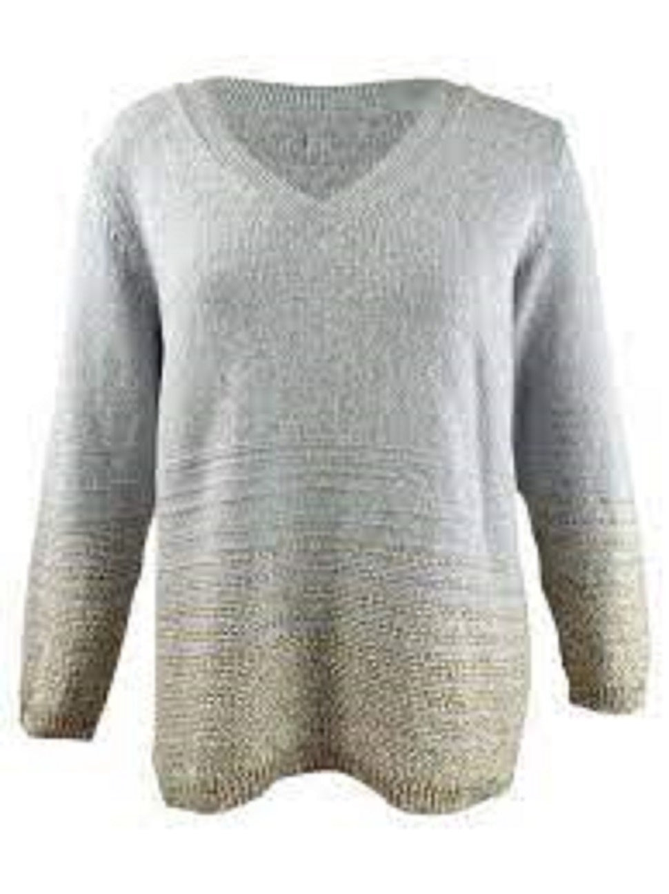 केल्विन क्लेन महिलाओं का प्लस साइज़ मेटैलिक-स्ट्राइप्ड वी-नेक स्वेटर ग्रे साइज़ 3X
