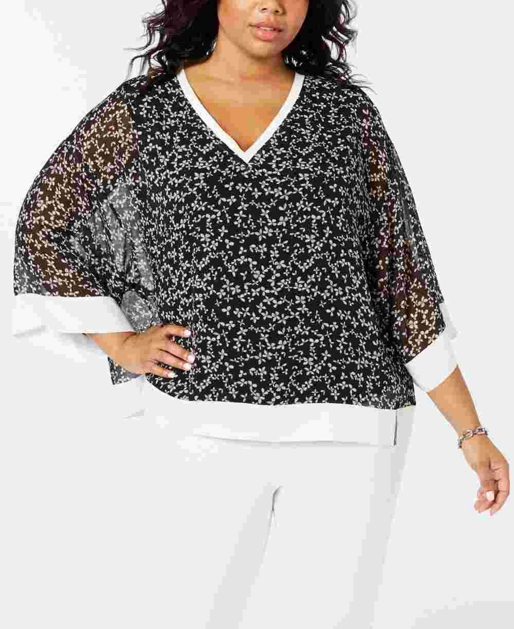 Tommy Hilfiger Women's Black Floral Bell Sleeve V Neck Top Charcoal Size 2X